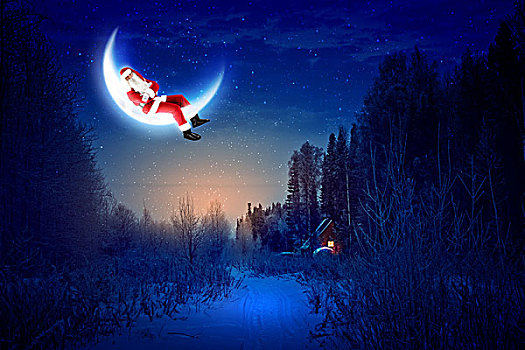 照片,圣诞老人,坐,光泽,月亮,高处,冬日树林