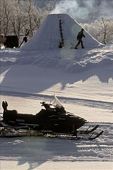 住宿,传统,草皮,小屋,雪地车