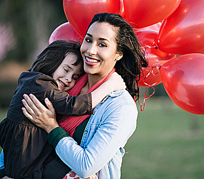 女孩,头像,束,红色,气球,搂抱,母亲,公园