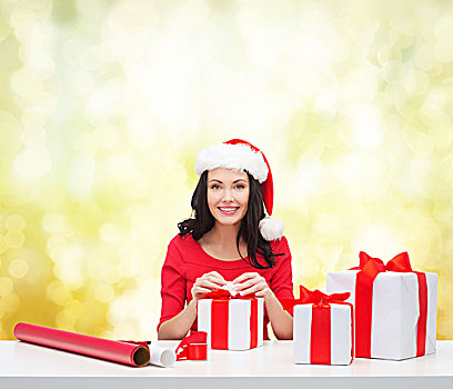 圣诞节,圣诞,冬天,高兴,概念,微笑,女人,圣诞老人,帽子,许多,礼盒,包装纸