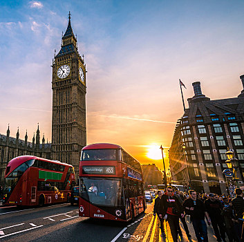红色,双层巴士,正面,大本钟,议会大厦,逆光,日落,威斯敏斯特,伦敦,区域,英格兰,英国,欧洲