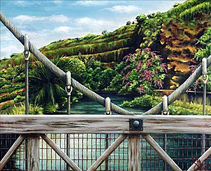 晃动,桥,夏威夷,考艾岛,河,丙烯酸树脂,绘画