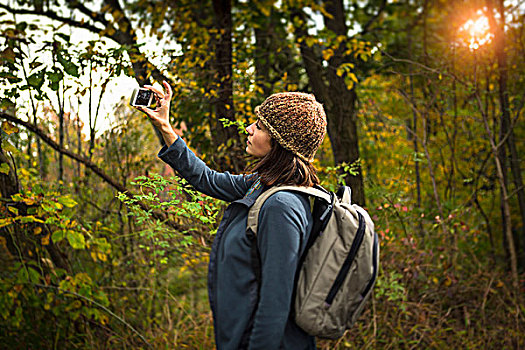 成年,女人,照相,树林,智能手机