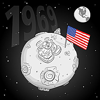 宇航员,旗帜,美国,月亮,黑白