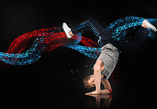熟练,男性,舞者,平衡性,前臂,蓝色,红色,数码,螺旋,黑色背景,背景