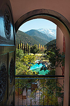 风景,拱形,入口,青绿色,水池,阿特拉斯山脉,背景,摩洛哥