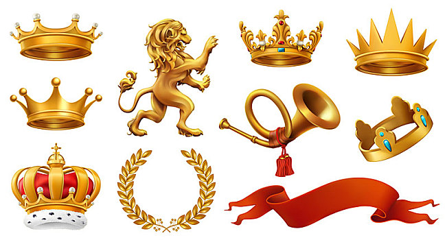 黄金,皇冠,国王,花环,喇叭,狮子,带,矢量,象征