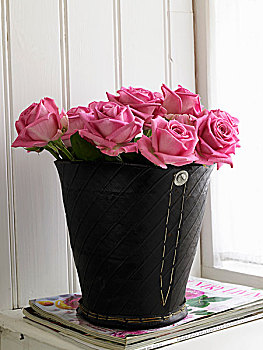 粉红玫瑰,黑色,皮革,容器