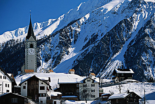 瑞士,冬天,风景,城镇,教堂,大幅,尺寸
