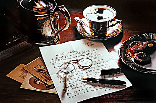 老,信,咖啡,饼干,钢笔,照片