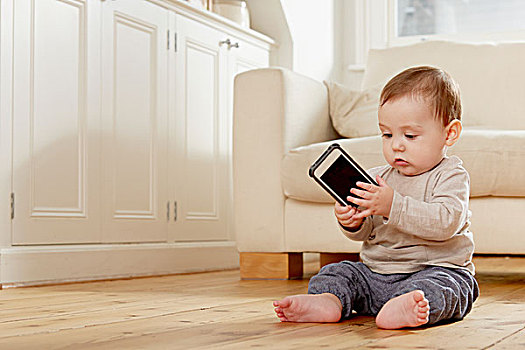 男婴,坐在地板上,看,智能手机