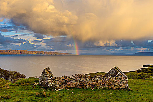 残留,石屋,斯凯岛,彩虹,上方,海岸,苏格兰,英国