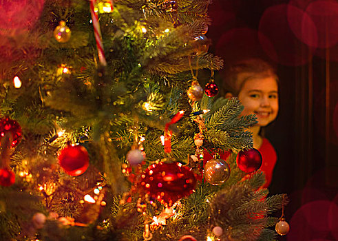 头像,微笑,女孩,隐藏,后面,圣诞树