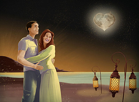 插画,图像,情侣,搂抱,海滩,夜晚,心形,月亮