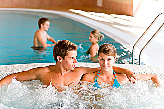 游泳池,年轻,魅力,伴侣,放松,热浴盆