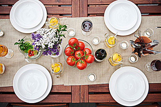 俯视,桌子,准备好,花,西红柿茎,午餐,内庭