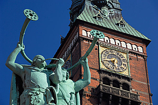 仰视,雕塑,正面,钟楼,市政厅,哥本哈根,丹麦
