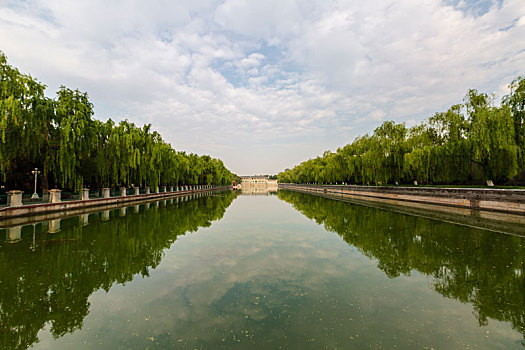 蓝天白云下的北京故宫护城河筒子河