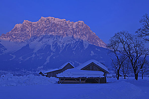 奥地利,提洛尔,冬季风景,楚格峰,山,夜光