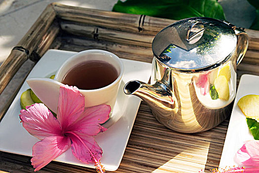 茶壶,杯子,木槿,花,毛里求斯,非洲