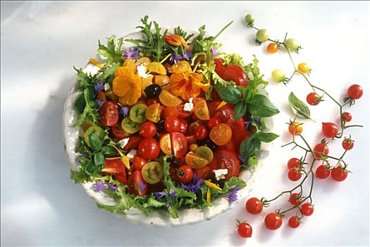 番茄沙拉,橄榄,羊奶干酪,食用花卉