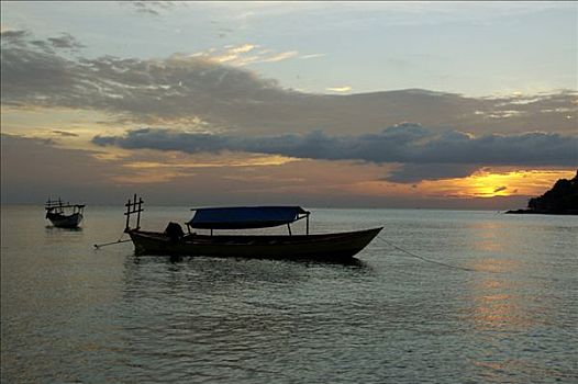 渔船,晚上,亮光,湾,柬埔寨