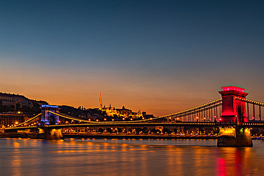 光亮,链索桥,上方,多瑙河,蓝色,钟点,布达佩斯,匈牙利,欧洲