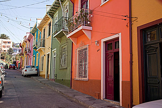 南美,智利,瓦尔帕莱索,彩色,房子,线条,街道,世界遗产