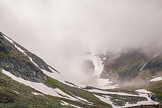 风景,低云,雪,山谷,山,俄罗斯