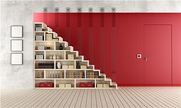 红色,客厅,木质,楼梯,书架