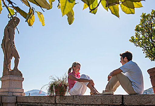 坐,夫妇,墙壁,地中海,花园,马焦雷湖,意大利