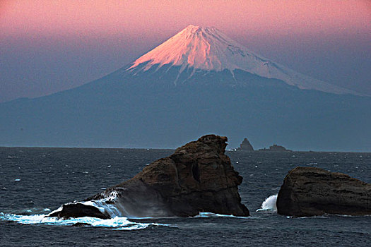晚间,风景,山,富士山,海岸