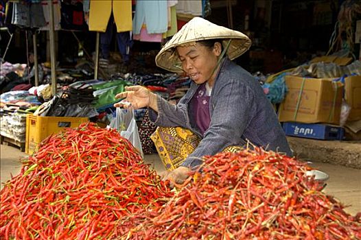 女人,戴着,稻米,帽子,销售,辣椒,中央市场,老挝