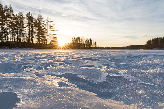 芬兰,区域,日出,上方,冰冻,湖,冬天