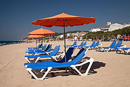 空,折叠躺椅,伞,海滩,哥斯达黎加,加泰罗尼亚,西班牙,欧洲