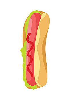 热狗,象征,香肠,蔬菜沙拉,叶子,番茄酱,面包,隔绝,白色背景,背景,美洲,三明治,插画,美味,快餐