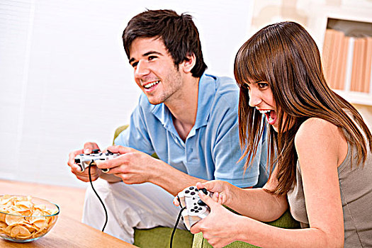 学生,高兴,青少年,玩,电子游戏,客厅