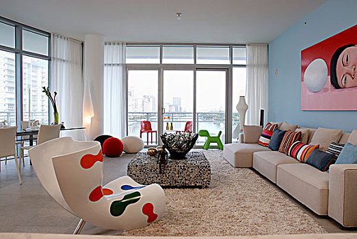 鲜明,客厅,室内,彩色,迈阿密,大窗
