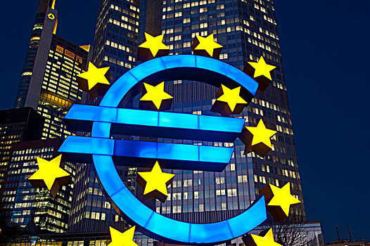 欧元符号,正面,建筑,欧洲,中央银行,夜晚,法兰克福,黑森州,德国