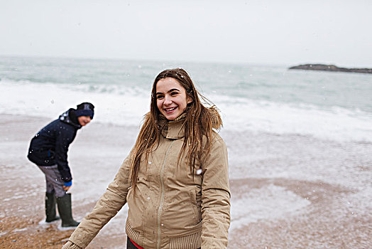 微笑,少女,冬天,海滩