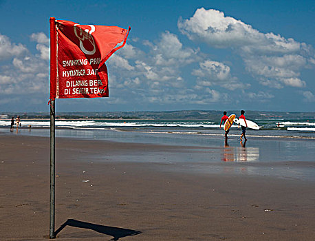 红色,警告,旗帜,游泳,禁止,库塔海滩,乐园,南方,巴厘岛,印度尼西亚,东南亚,亚洲