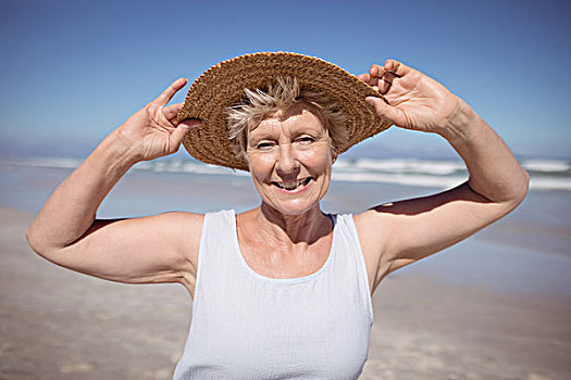 头像,老年,女人,戴着,遮阳帽,海滩,晴天