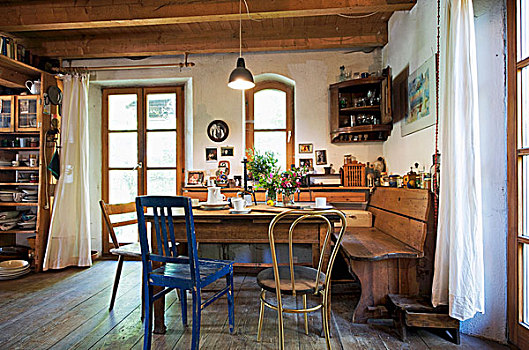 乡村,厨房,餐桌,木椅,角,长椅