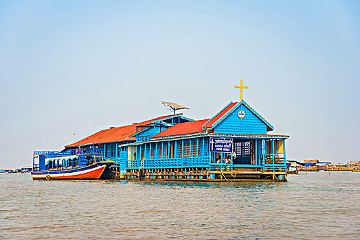 漂浮,教堂,船屋,乡村,泛舟,树液,湖,柬埔寨,东南亚,亚洲