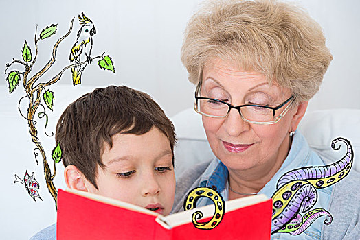 祖母,小男孩,读,书本,高兴,一起,在家,素描,想像
