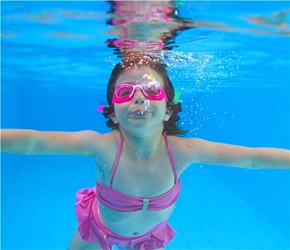水下,小女孩,粉色,比基尼,蓝色,游泳池