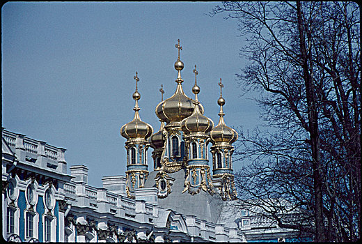 镀金,洋葱形屋顶,凯瑟琳宫,列宁格勒,彼得斯堡,建筑,历史