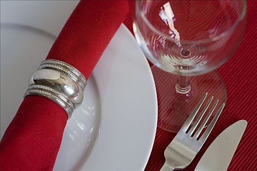 桌面布置,盘子,葡萄酒杯,餐具,餐巾,餐巾环