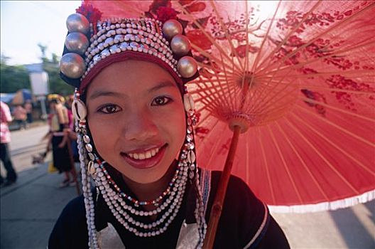 泰国,金三角,清莱,阿卡族,女孩,穿,传统,银,帽子
