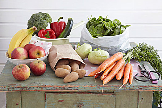 安放,蔬菜,水果,旧式,厨柜